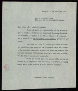 Copia de la carta de Julio Casares a Alfonso Reyes, director de la Academia Mexicana, en la que l...