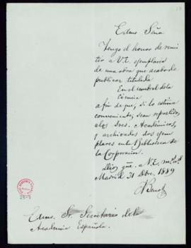 Carta de E[duardo] Benot al secretario [Manuel Tamayo y Baus] con la que remite varios ejemplares...