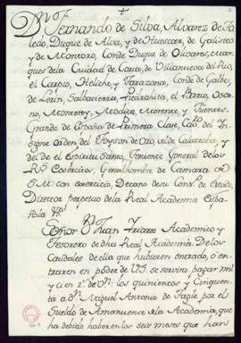 Libranza de 1100 reales de vellón a favor de Miguel Antonio de Tagle, por el sueldo de amanuense,...
