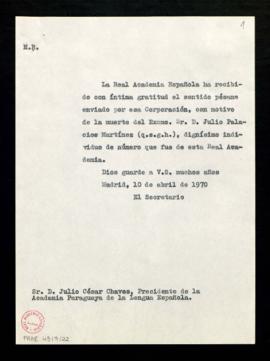 Copia sin firma del oficio de agradecimiento del secretario a Julio César Chaves, presidente de l...