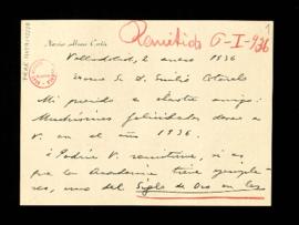 Carta de Narciso Alonso Cortés a Emilio Cotarelo en la que le felicita el año 1936 y le solicita ...