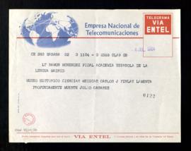 Telegrama del director del Museo Histórico de las Ciencias Médicas Carlos J. Finlay a Ramón Menén...
