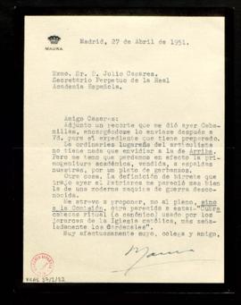 Carta de Gabriel Maura a Julio Casares en la que le envía recorte de prensa recibido de Ramón Cab...