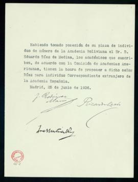 Propuesta de Eduardo Díez de Medina como académico correspondiente extranjero