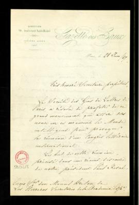 Minuta de la carta del secretario a Alfred Germond de Lavigne en la que acusa recibo, por mano de...