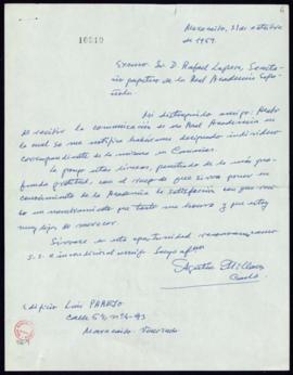 Carta de Agustín Millares Carlo a Rafael Lapesa en la que acusa recibo de la comunicación de su n...