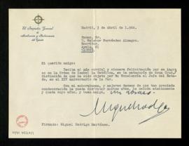 Carta de Miguel Rodrigo Martínez, inspector general de Movilización y reclutamiento de España, a ...