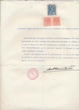 Certificación de Antonio Ramos Martín, secretario del Montepío de Autores Españoles, de la condic...