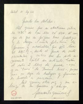 Carta de Fernando Quiñones a Melchor Fernández Almagro en la que le agradece su crítica en ABC de...