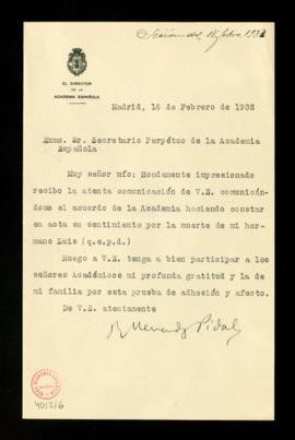 Carta de Ramón Menéndez Pidal al secretario [Emilio Cotarelo] en la que agradece a la Corporación...