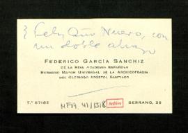 Tarjeta de visita de Federico García Sanchiz a Melchor Fernández Almagro en la que le felicita el...