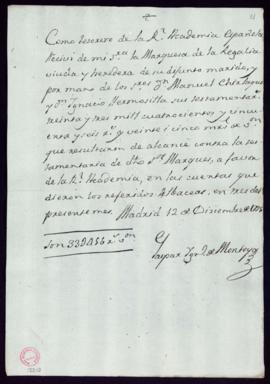 Recibo de Gaspar de Montoya de 33 456 reales de vellón entregados por la marquesa de la Regalía, ...