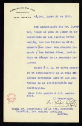 Oficio de José López-Portillo, secretario de la Academia Mexicana, a Mariano Catalina, secretario...