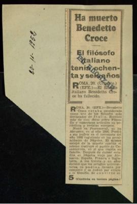 Recorte de prensa del diario El Alcázar con el título Ha muerto Benedetto Croce