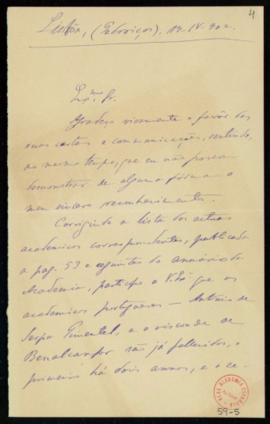 Carta de Cándido de Figueiredo [al secretario] en la que acusa recibo de sus cartas y del Anuario...