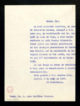 Copia sin firma del oficio del secretario a Luis Martínez Kleiser con el que le comunica que la A...