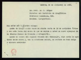 Copia sin firma de la carta de Julio Casares a Fritz Krüger en la que le anuncia el envío de un n...