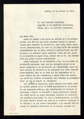 Copia de la minuta de la carta de Julio Casares a Federico Llaverías para responder a su carta de...