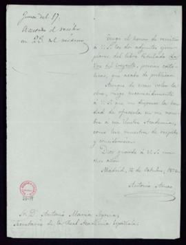 Carta de Antonio Arnao a Antonio María Segovia con la que remite para la Academia dos ejemplares ...