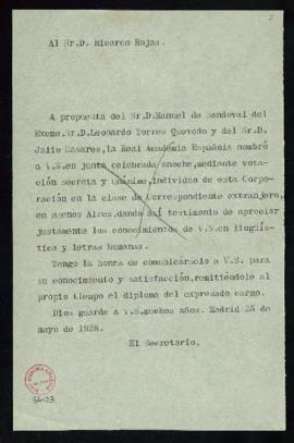 Copia del oficio del secretario a Ricardo Rojas de traslado de su elección y envío del diploma de...