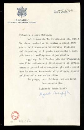 Carta de Alfredo Schiaffini a Dámaso Alonso con la que le envía el diploma conferido por su nombr...