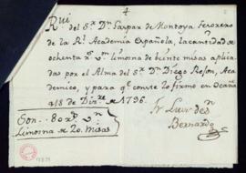 Recibo de Luis de San Bernardo de 80 reales de vellón por veinte misas aplicadas por el alma de D...