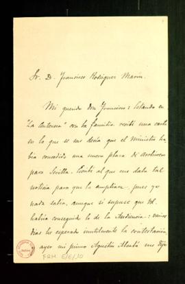 Carta de Antonio Alcalá Venceslada a Francisco Rodríguez Marín en la que le informa que ha sabido...