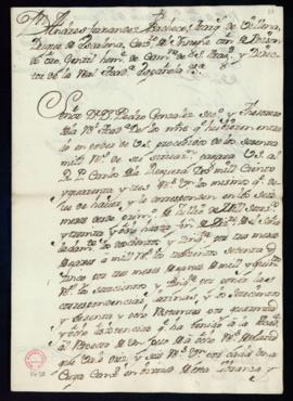 Orden del marqués de Villena del libramiento a favor de Carlos de la Reguera de 2143 reales de ve...