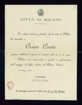 Invitación del síndico de Milán al funeral de Cesare Cantù