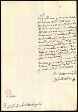 Carta de Fernando de Velasco a Francisco Antonio de Angulo en la que agradece que la Academia le ...