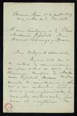 Carta de J. [Juan] B. [Bautista] Alberdi al secretario Manuel Tamayo y Baus en la que acusa recib...