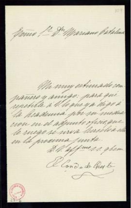 Carta del conde de Cheste al secretario, Mariano Catalina, en que le ruega que dé cuenta a la Aca...