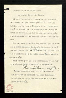Minuta de la carta de Ramón Menéndez Pidal al duque de Maura para informarle de que la Academia n...