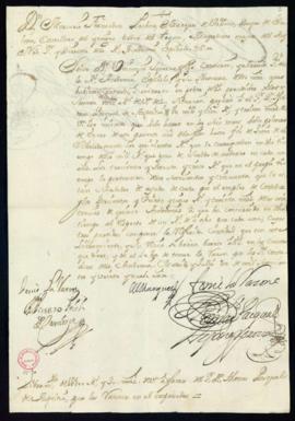 Orden del marqués de Villena de libramiento a favor de Tomás Pascual de Azpeitia de 1100 reales y...