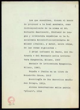 Propuesta de Bernardo Sanvisenti como académico correspondiente extranjero
