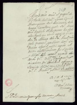 Carta de Manuel de Junco y Cisneros a Vincencio Squarzafigo de agradecimiento por el envío del to...