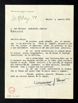 Carta de Maximiano García Venero a Melchor Fernández Almagro en la que expresa su alegría por el ...