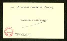 Tarjeta de visita de Camilo José Cela a Melchor Fernández Almagro en la que le dice que está con ...
