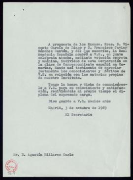 Copia sin firma del oficio del secretario a Agustín Millares Carlo de traslado de su nombramiento...