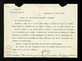Carta de Luis [de Galinsoga], director de La Vanguardia, a Melchor Fernández Almagro en la que le...