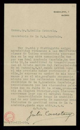 Carta de Julio Cavestany al secretario, Emilio Cotarelo, de agradecimiento a la Academia por el p...