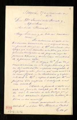 Carta de Francisco J. Caro a Fermín de la Puente Apezechea con la que adjunta un aviso de la publ...