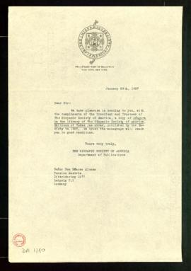 Carta del departamento de Publicaciones de la Hispanic Society of America a Dámaso Alonso con la ...