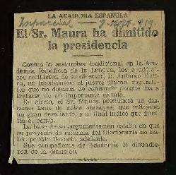 Recorte del diario El Imparcial de 8 de noviembre de 1919, con la noticia de la dimisión de Anton...