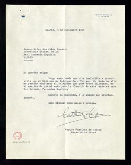 Carta de Carlos Martínez de Campos, duque de la Torre, a Julio Casares, secretario, en la que exc...