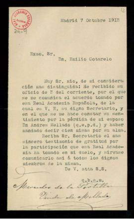 Carta de Mercedes de la Portilla al secretario, Emilio Cotarelo, de agradecimiento a la Academia ...