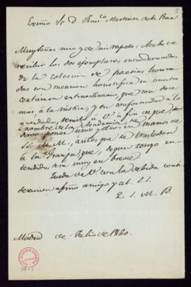 Minuta de la carta [del secretario, Manuel Bretón de los Herreros] a Francisco Martínez de la Ros...