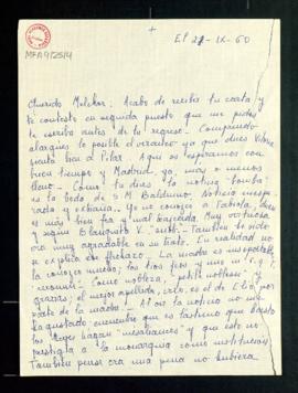 Carta de Matilde Fernández de Henestrosa a Melchor Fernández Almagro en la que le dice que la not...