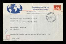 Telegrama de Hugo Lindo, director de la Academia Salvadoreña de la Lengua, con el pésame de dicha...