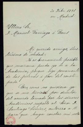Carta de E[duardo] Benot al secretario, Manuel Tamayo y Baus, en la que excusa su asistencia a la...